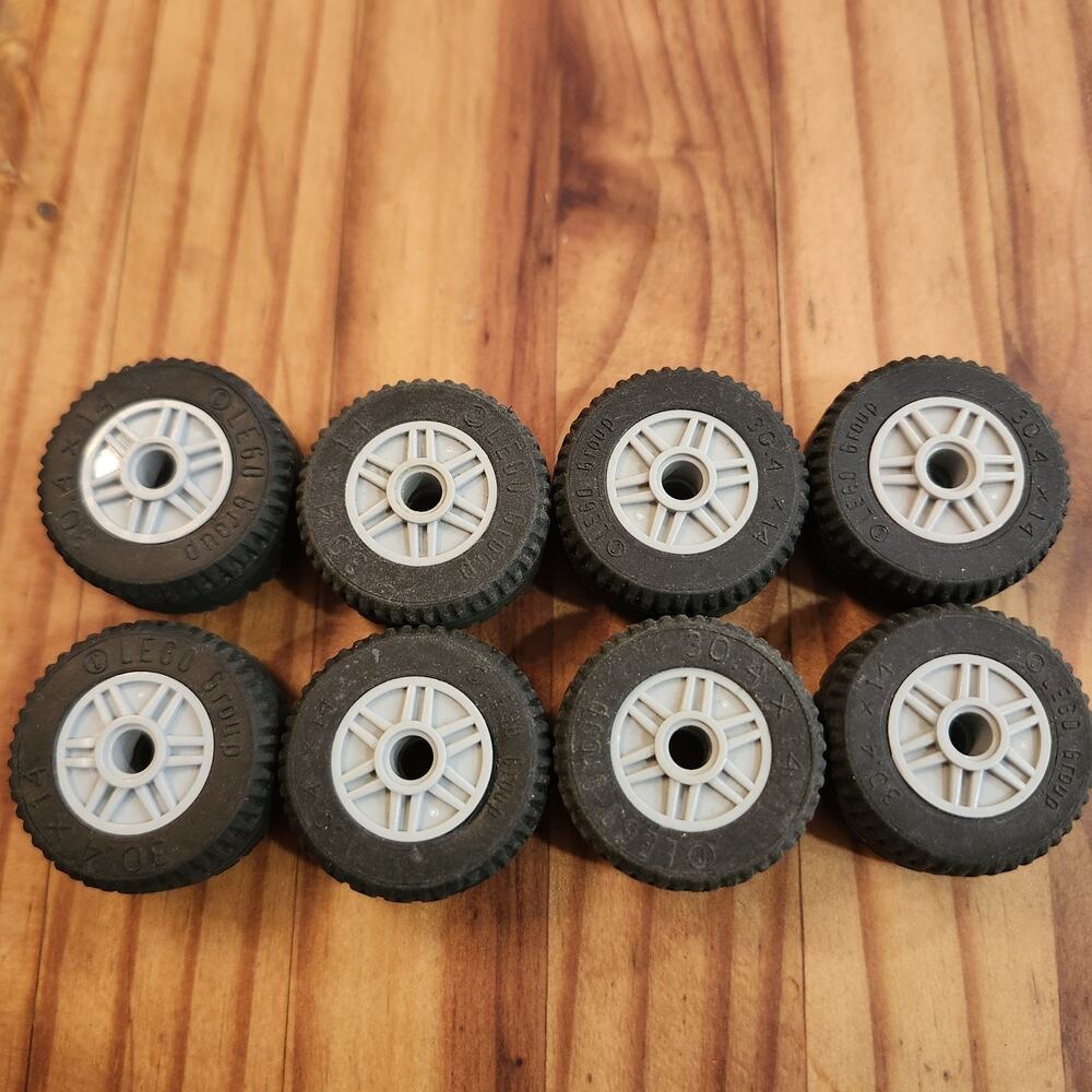(8) Lego 30.4 x 14 Wheels Black Rubber Gray Rims 20896 City Vehicle Parts